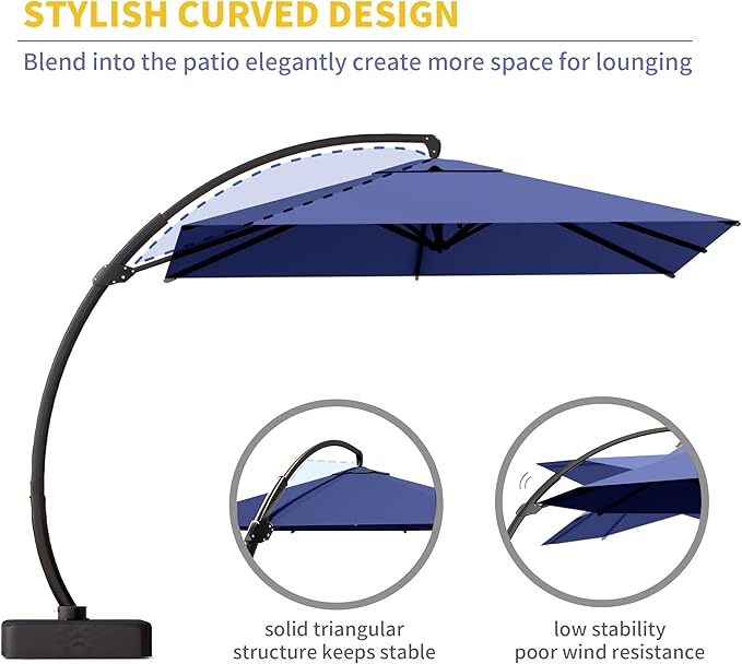 Kingdura 10x10 FT Cantilever Patio Umbrella with Base Included, Large Square Offset Outdoor Pool Umbrella, 360° Rotation & Infinite Tilt, Heavy Duty Aluminum Frame for Deck Backyard, Navy blue