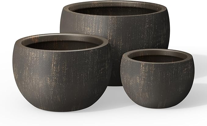 Kante 19.9",15.7",11.8" Dia Round Concrete Planter Set of 3, Outdoor/Indoor Large Bowl Plant Pots with Drainage Hole and Rubber Plug for Garden Patio Balcony Home, Oil Rubbed Bronze