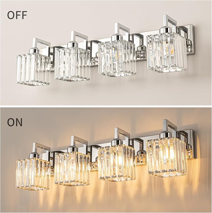 Modern Bathroom Vanity Light 4-Lights Chrome Crystal Wall Lamp Bathroom Modern Crystal Vanity Lighting