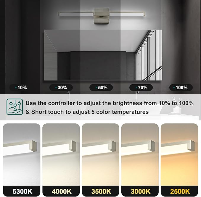 OKELI Modern Bathroom Light Fixtures Over Mirror, 24 Inch Brushed Nickel Vanity Light Bar for Bathroom, 12W 5CCT Diammable Wall Light