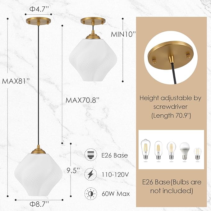 Milk White Glass Pendant Light, Mid Century Modern Ceiling Hanging Lights Fixture with Height Adjustable, Brass Gold Pendant Lighting for Kitchen Island, Hallway, Dining Room, Bedroom(2 Pack)