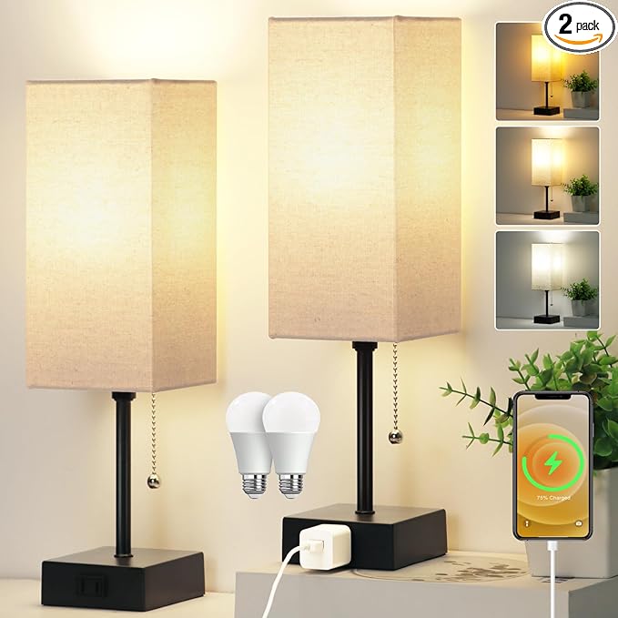 15'' Table Lamp for Bedroom set of 2,3-Color Bedside Lamps with Pull Chain Table Lamps for Night stands with AC Outlet,Small Night Light Lamps with 2 Bulbs Lamps for Living Room Kids Room Office Decor