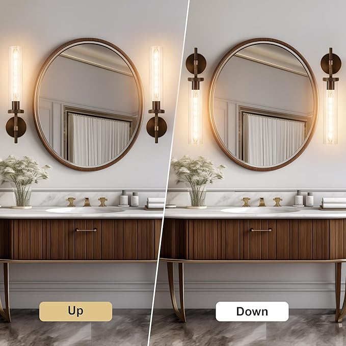 19.5" Knurled Brass Wall Sconce with Clear Glass Tube, Bronze Bathroom Vanity Light Fixtures, Modern Lamp Lighting for Bedroom, Living Room, Hallway, Staircase, Mirror, Kitchen