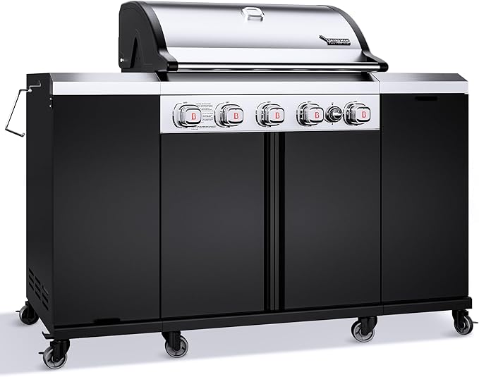 Brand-Man Propane Gas Grill Island Outdoor Kitchen & Storage Cabinets, 52000 BTUs Stainless Steel Burner Patio Cooking BBQ Grill with Side Burner - Natural Gas Convertible, Black (5 Burner)