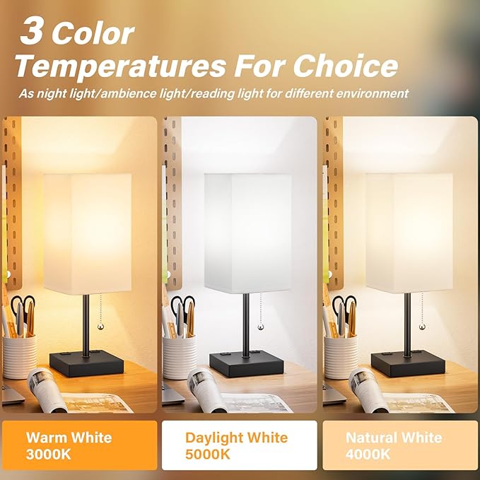 White Medium Table Lamp with USB Ports - 3 Color Temperature Bedside Lamp for Bedroom, Pull Chain Control, USB A and C Ports, 2 AC Outlets, Bulb Included