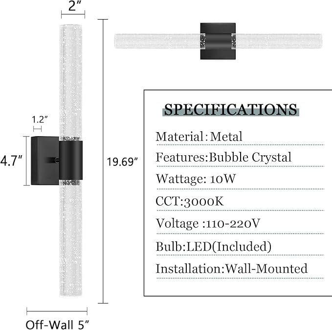Black LED Wall Sconces Set of 2 with LED Warm Light Interior Glam Crystal Wall Light, Hardwired