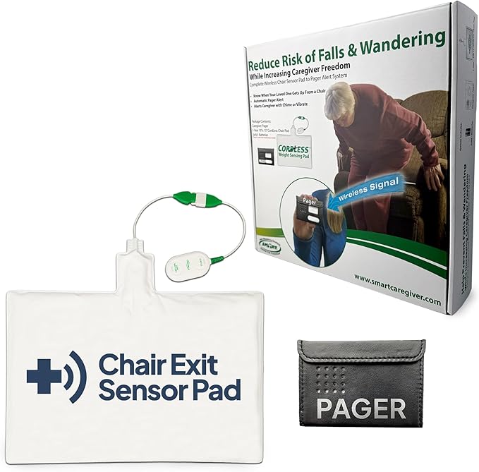 Smart Caregiver Chair Exit Alarm System with Wireless Pager and for Fall Prevention | Chair Alarm Alerts Caregiver When They Get Up from The Chair | USA-Based Company and Customer Support