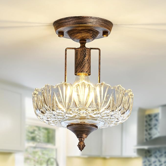 UOFUS Glass Ceiling Light Fixture Vintage Small Semi Flush Mount Chandelier Oil Rubbed Bronze Mini E26 Ceiling Lamp for Hallway Bedroom Bathroom Closet