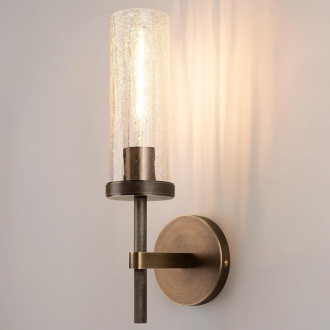 15" Knurled Brass Wall Sconce with Crackle Glass Tube, Bronze Bathroom Vanity Light Fixtures, Modern Lamp Lighting for Bedroom, Living Room, Hallway, Staircase, Mirror, Kitchen