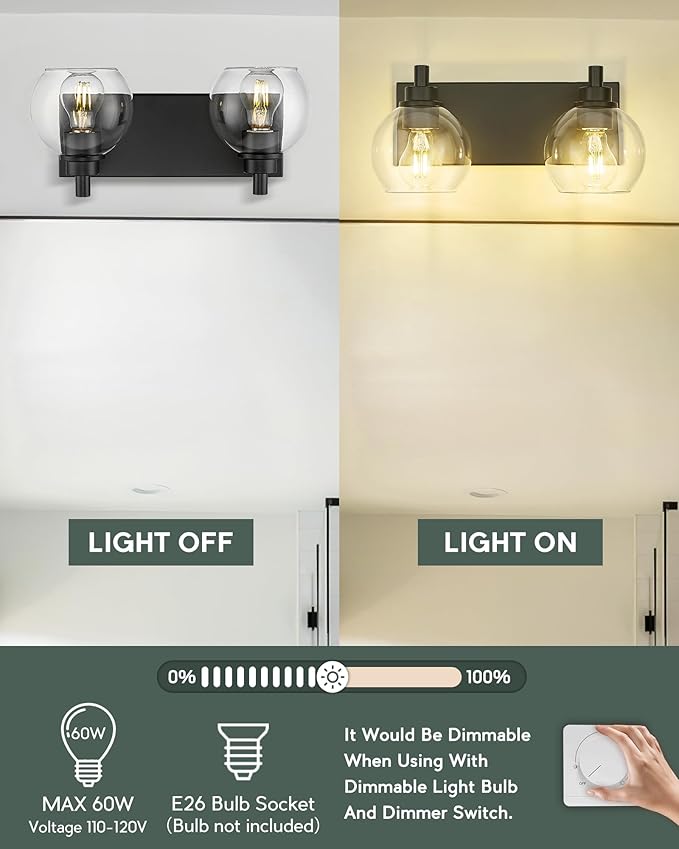 Bathroom Light Fixtures, 2 Light Matte Black Vanity Light, Modern Wall Sconces with Clear Glass Globe Shade, Bathroom Wall Lights Over Mirror Kitchen Bedroom Hallway, VL195-MB-2