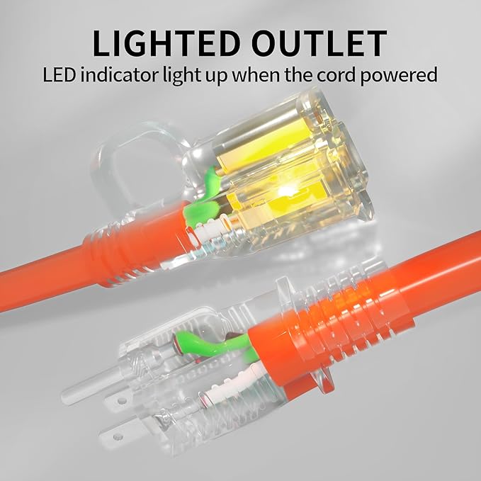 POWGRN 100 ft 12/3 Outdoor Extension Cord Waterproof Heavy Duty with Lighted Indicator End 12 Gauge 3 Prong, Flexible Cold-Resistant Long Power Cord Outside, 15Amp 1875W SJTW Orange ETL Listed