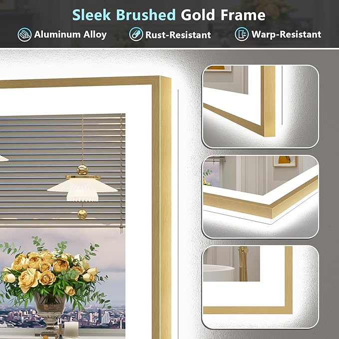 24x36 Gold LED Bathroom Mirror with Lights, Brushed Gold Framed Backlit and Front Lit Anti-Fog Lighted Vanity Mirrors for Bathroom Wall, Dimmable, 3 Colors, Memory, HD Tempered Glass, CRI＞90