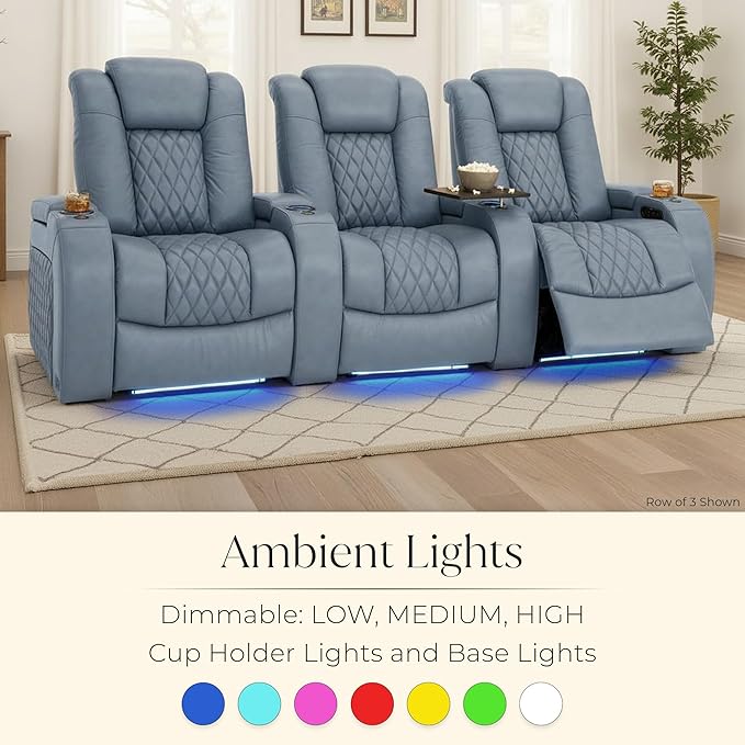 Seatcraft Diamante Zero-Gravity CoolZero Italian Leather Home Theater Seating, Power Headrest, Power Recline, Single Recliner, Smokey Blue
