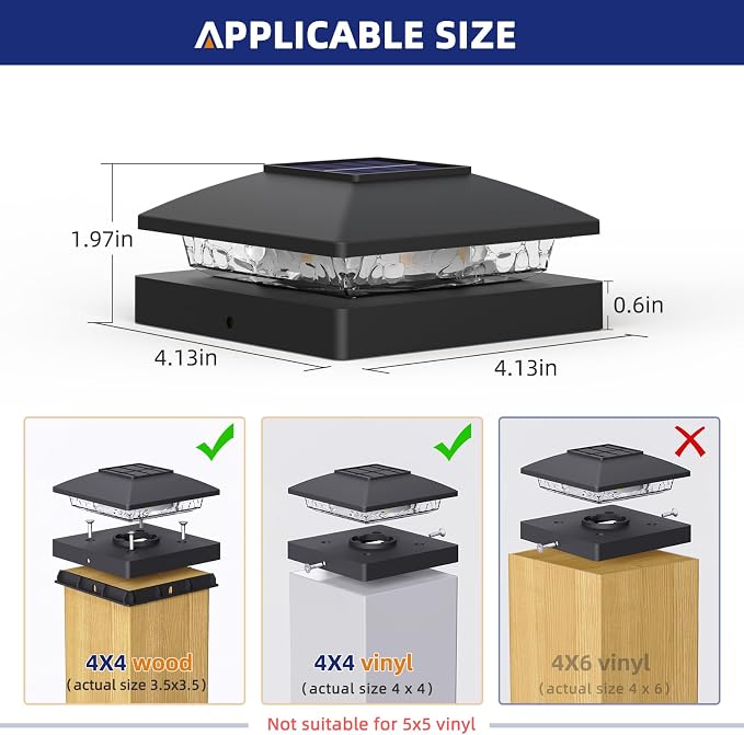 APONUO Solar Post Cap Lights for 4x4 Posts - IP64 Waterproof, 6500K LED, No-Wire Fence Lights & Deck Lights for Patio Garden Yard Patio, Black-Cool White, 6 Pack