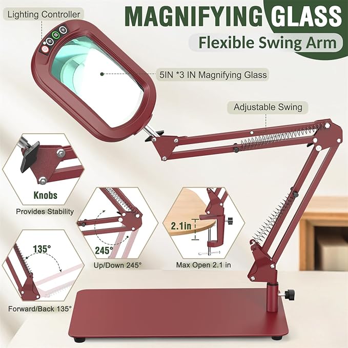 Veemagni 10X Rectangle Magnifying Glass with Light and Stand, 5 Color Modes Stepless Dimmable, 2-in-1 LED Lighted Desk Lamp & Clamp, Hands Free Magnifier for Reading Crafts Painting Close Work - Red