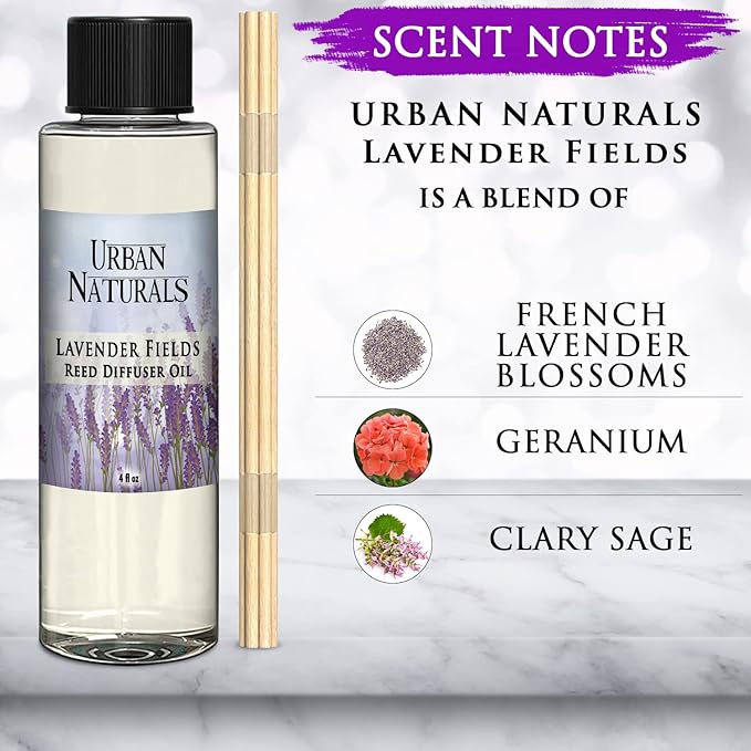 Urban Naturals Lavender Fields Essential Oil Reed Diffuser Refill & Set of Replacement Reed Sticks | Soothing, Aromatic Home Fragrance for Aromatherapy & Stress Relief | Includes a Set of Reed Sticks
