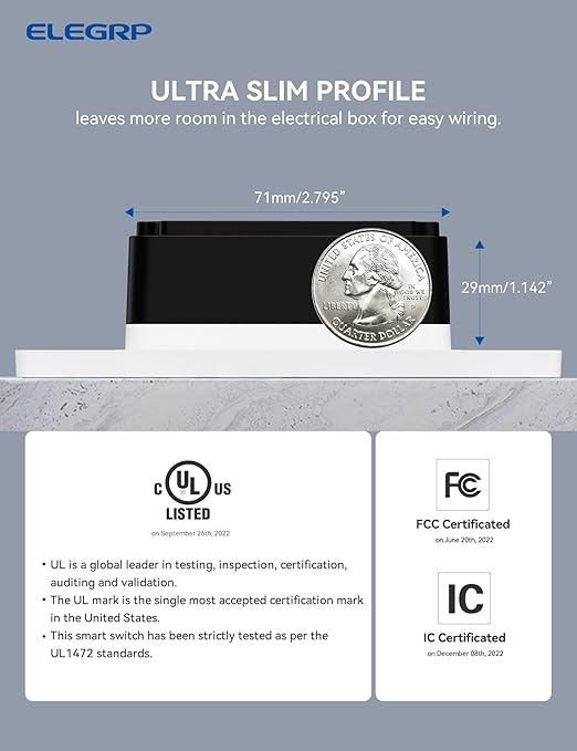 ELEGRP Smart Dimmer Light Switch DTR30, Single Pole or 3 Way, 2.4GHz Wi-Fi Touch Dimmer Compatible with Alexa/Google Assistant, Needs Neutral Wire, No Hub Required, UL and FCC Listed, White, 6 Pack