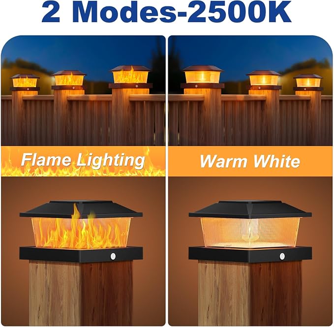 APONUO Solar Post Cap Lights with Flickering Flame & Warm White, 12-Pack for 4x4 Wood/Vinyl Posts, Solar Powered Deck & Fence Lights, Auto On/Off, IP65 Waterproof, Glossy Black
