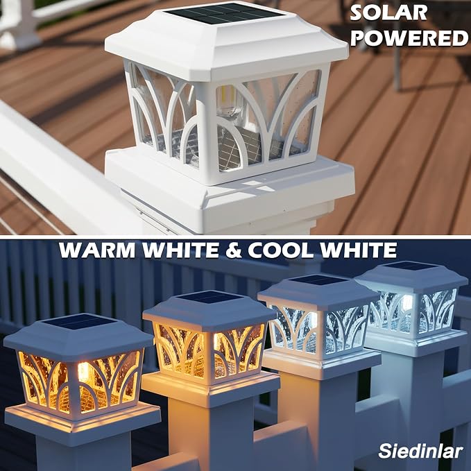 SIEDiNLAR Solar Post Cap Lights Outdoor, Aluminum Glass 2 Modes Edison LED Bulbs for 4x4 5x5 6x6 Vinyl Wooden Posts Deck Fence Patio Decor, Warm White/Cool White Lighting 6 Pack (White)