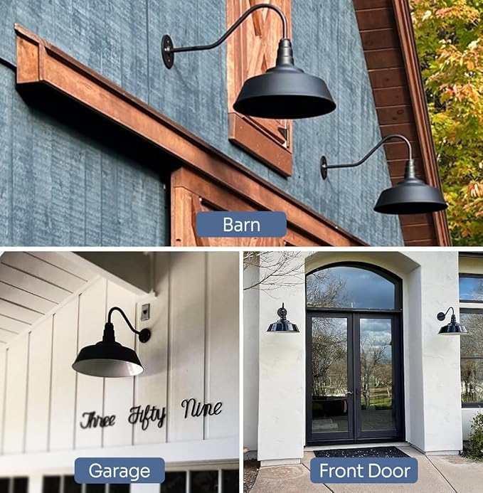 Steel Lighting Co. Large Outdoor Barn Light | Gooseneck Light Fixture | Made in America from 18-Gauge Steel | 20" Dome | Upward Sloping Gooseneck Hunter Green Exterior/Brass Interior