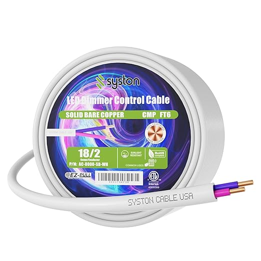 Syston Cable Technology 18/2 LED Lighting Dimmer Dimming Luminaire Control Wire Cable,18 AWG 2 Conductors Solid Bare Copper Unshielded Plenum Rated CMP CL3P FT6, for Ballast Wiring and Connection