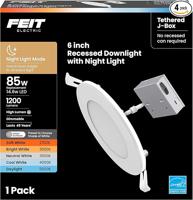 Feit Electric 6" LED Canless Recessed Downlight with Night Light Mode and Integrated J-Box, 85W EQ, Dimmable, 5CCT Selectable White, 1200 Lumens, 50,000-hour Lifetime, LEDR6XT/HO/NL5CCTCA4, 4 Pack