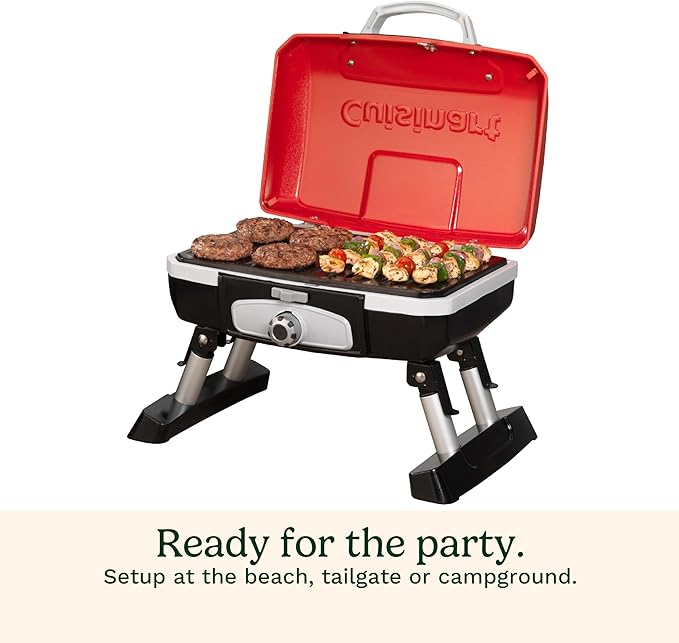 Cuisinart Petite Gourmet Portable Gas Grill, Compact Portable Grill Propane, 150 Sq. In. Cooking Surface, 5,500 BTU Burner Small Gas Grills for Camping, BBQ, Folding Legs and Carry Handles, Red