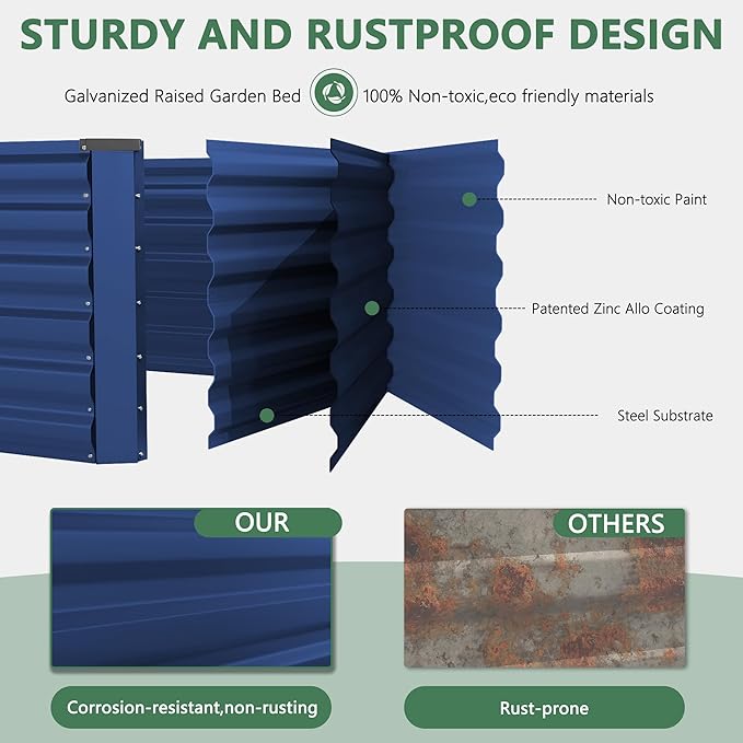 FOOWIN 4pcs 6x3x2ft Galvanized Raised Garden Bed, Planter Raised Garden Boxes Outdoor, Large Metal Raised Beds for Gardening, Garden Bed for Vegetables, Flowers, Herb,269 Gallon Capacity, Royal Blue