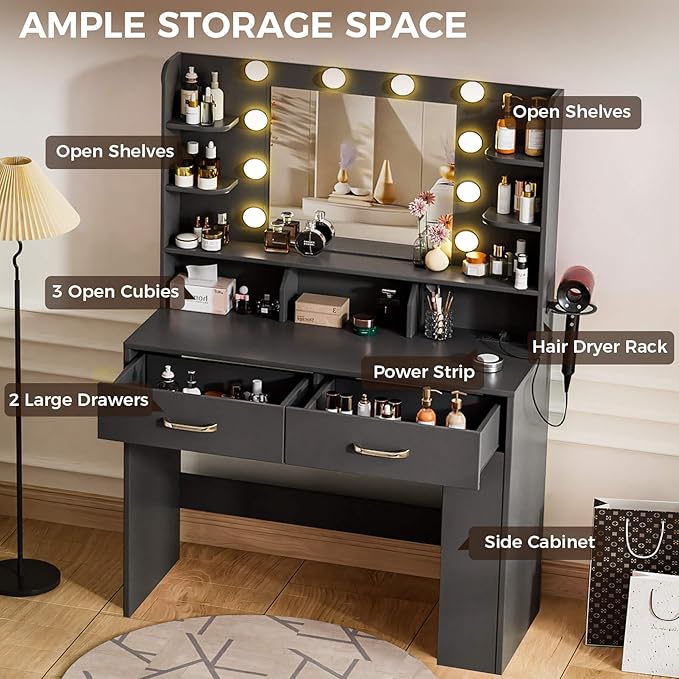 COMHOMA Vanity Desk with Lighted Mirror and Power Outlet, RGB LED Lights Makeup Vanity Set for Girls, Large Storage Capacity Dressing Table for Bedroom, 3 Lighting Modes Adjustable Brightness, Black