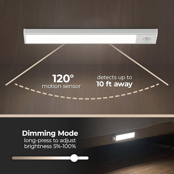 Magnetix 8in Re-Chargeable LED Under Cabinet Motion Sensor Light Bar with Magnetic Mounting Clips, Dimmable and 3-CCT Selectable in Brushed Aluminum (Pack of 2) for Kitchen and Closet