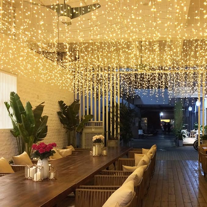 GTSYDING LED Icicle String Lights, Christmas Icicle Lights 16.4FT 216 LEDs Window Curtain Starry Fairy Lights Plug in 8 Modes for Wedding Party Bedroom Garden Patio Outdoor Indoor (Warm White, 5)
