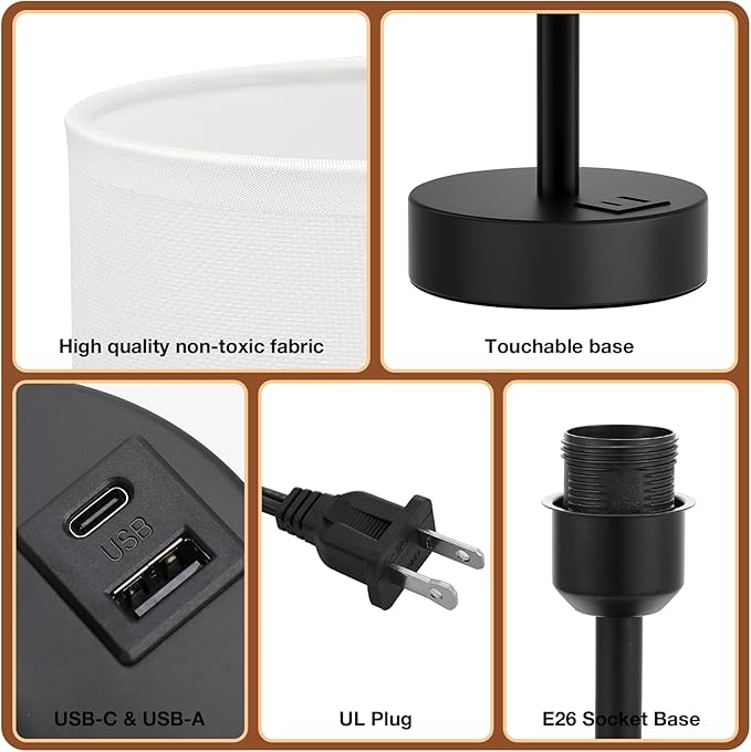 Dicoool White Touch Table Lamp with USB - 3 Way Dimmable Bedside Lamp for Nightstand, Bedroom Lamp with Black Charging Station for Desk, Office, Kids Room, Dorm, Small