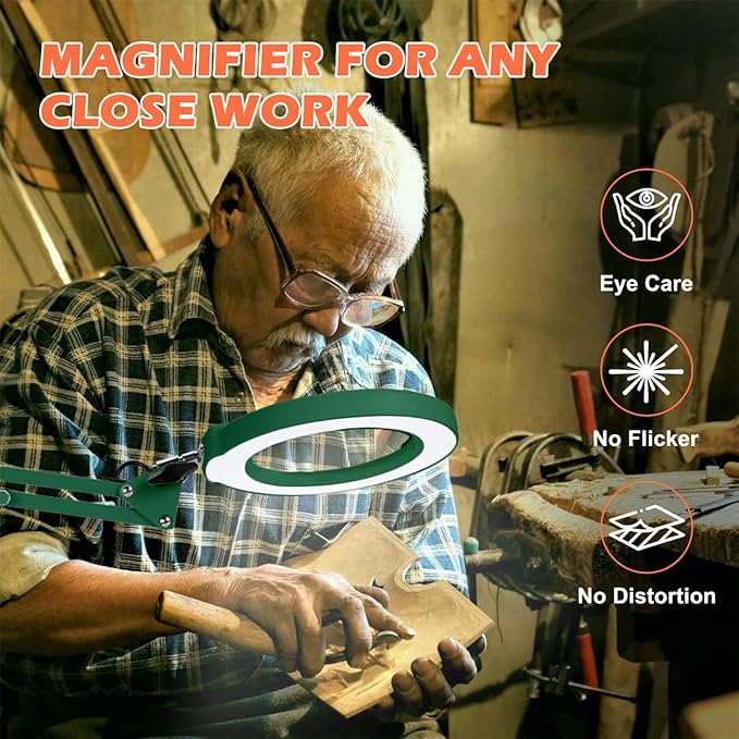 10X Magnifying Glass with Light and Stand, Real Glass Lens Desk Lamp, Lighted Magnifier with Light Stepless Dimming Hands Free for Craft, Reading, Painting, Sewing, Solder - Green