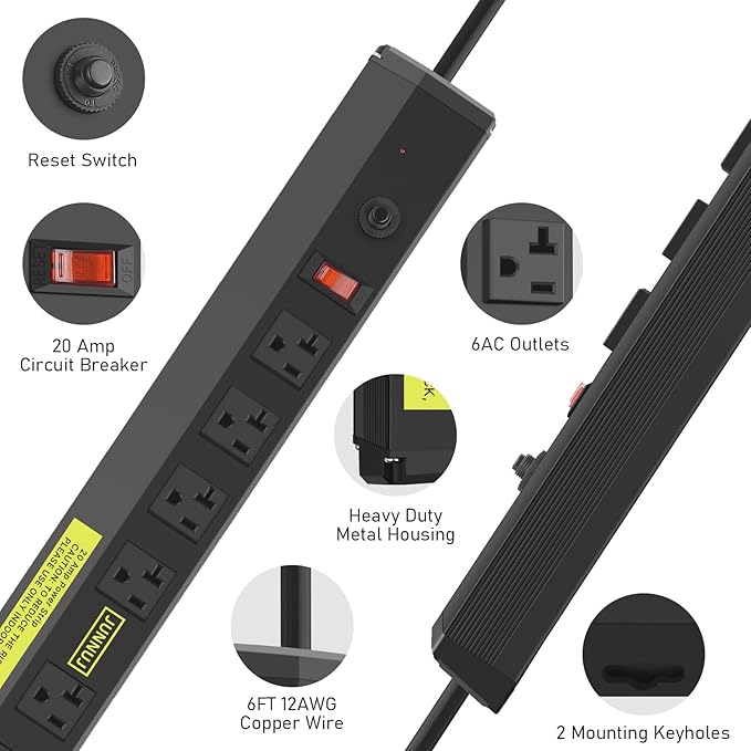 JUNNUJ Heavy Duty 20 Amp Power Strip 2 Pack, High Amp Surge Protector 6 Outlet, 20A Power Workshop Industrial Outlets Wide Spaced 6-20R T-Slot with Circuit Breaker,12 Gauge Extension Cord 6ft