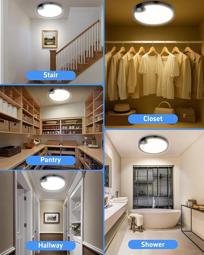 TOOWELL 2 Pack Motion Sensor Ceiling Light Rechargeable - Closet Light Battery Operated, Wireless Waterproof Shower Light, Overhead Sensor Light for Closet Shower Pantry Hallway Stair