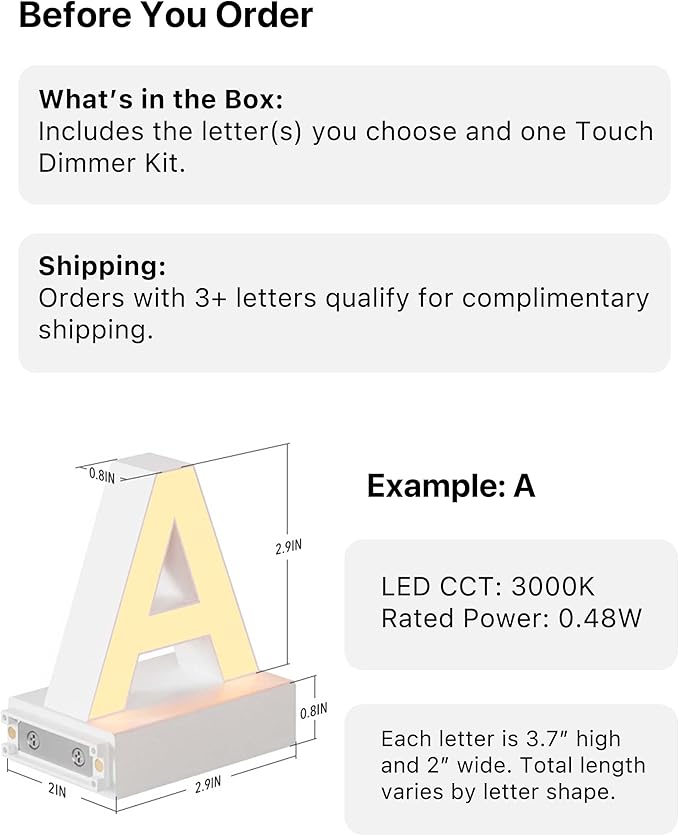 LED Magnetic Letter I, H 3.7" Light with Touch Control, White, Dimmable, Warm White 3000K