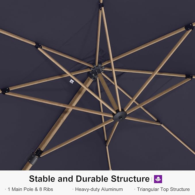 PURPLE LEAF 10‘ x 13’ Rectangle Patio Cantilever Umbrella Large Hanging Umbrella Teak Finished Aluminum Frame Windproof Offset Outdoor Sun Umbrellas for Beach Pool Deck, Navy Blue