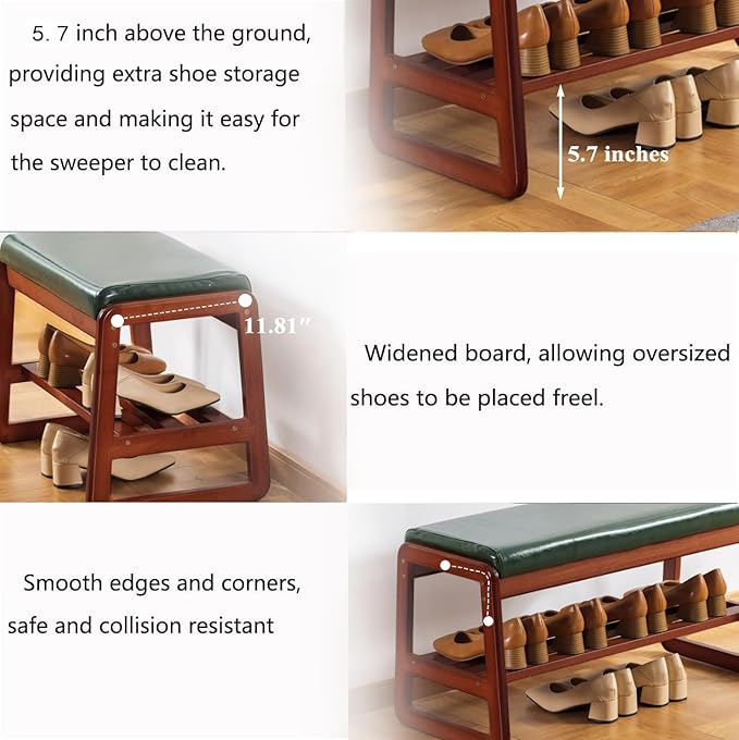 Solid Wood Shoe Bench, 2-Tier Wooden Entryway Bench, Modern Shoe Rack with Faux Leather Cushion for Hallway, Living Room (Green, 21.65'')