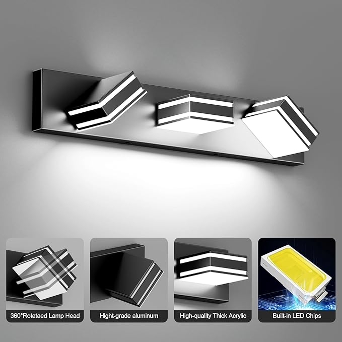 Ralbay LED Modern Bathroom Vanity Lights Black 3-Light 24inch Matte Black Modern Acrylic Bathroom Wall Lighting Fixtures Over Mirror