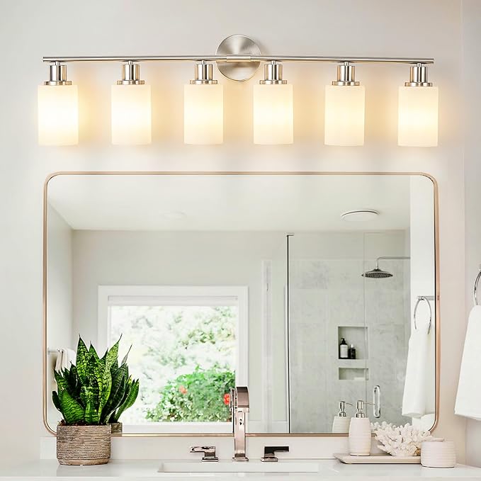 DLLT 6-Light Bathroom Light Fixtures: Nickel Modern Vanity Lights with E26 Bulbs - Milky White Glass Shade Bathroom Wall Lamp for Mirror Kitchen Living Room Hallway Cabinet Porch