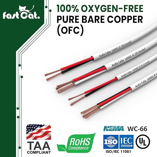 fast Cat. Speaker Wire 16 Guage 4C, UL Listed & CMR/CL3R-FT4 Rated - Speaker Cable w/PVC Jacket, 100% Oxygen-Free Pure Bare Copper - (65) HighFlex 16 Guage Wire - in-Wall Use-500ft Bulk Cable, White