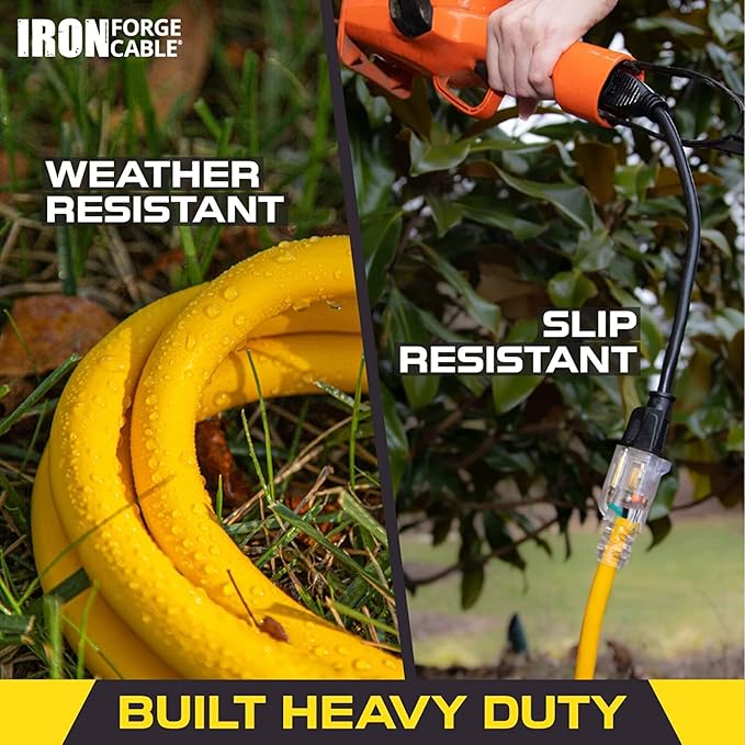 Iron Forge Cable Weatherproof 6 Ft Outdoor Extension Cord - 14/3 SJTW 15 Amp Heavy Duty Yellow Extension Cord 3 Prong - Lighted End