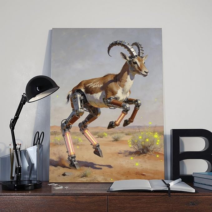 Framed Steampunk Mechanical Antelope Wall Art - Desert Futuristic Poster for Loft Living Room Decor 16x24inch(40x60cm)