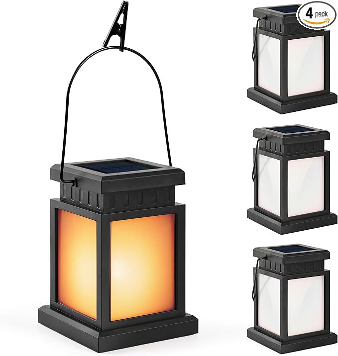 GIGALUMI Solar Lanterns Outdoor Waterproof, 4 Pack Hanging Solar Lanterns for Outside, Flame Effect Outdoor Lights for Pathway, Garden, Patio, Lawn, Porch, Gazebo, Tent, Tree, Yard(Flickering Lights)