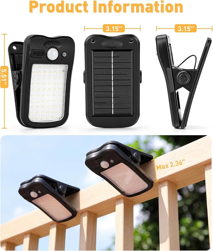 2 Pack Clip On Solar Lights Outdoor, 60 LED 500LM Motion Sensor Clamp Light, USB & Solar Powered Waterproof Security Lights for Fence Gutter Deck Camping, 1-Second Fast Install