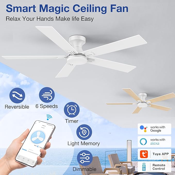 52 Inch Ceiling Fans with Lights,Smart Low Profile Ceiling Fan with Light and Remote Control,Alexa,APP,White Flush Mount Ceiling Fans for Bedroom,Patio,Outdoor Indoor Use,Dimmable LED,6 Speed,Quiet