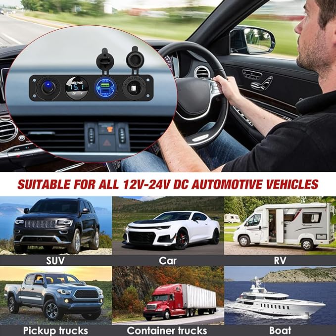 Nilight 4 in 1 ON/Off Charger Socket Panel PD Type C and QC 3.0 USB Power Outlet LED Voltmeter Cigarette Lighter Rocker Toggle Switches for Truck Car Boats RV