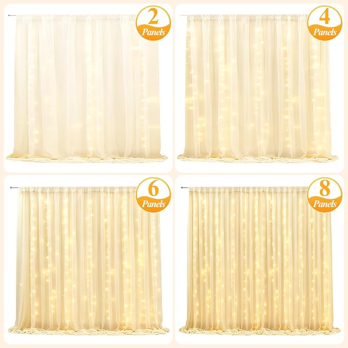 Ledido 10×10ft White Tulle Backdrop Curtains with Lights String - 300LED Fairy Lights Sheer Curtain Backdrop for Wedding Baby Shower Photo Shoot Birthday Party Decoration(2 Panels 5×10ft)，White