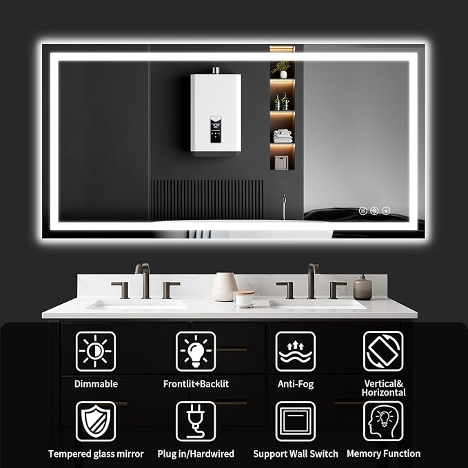 LED Bathroom Mirrors 28"x48" Bathroom Mirror with Lights for Wall, Backlit + Front Lit, 3 Colors, Anti-Fog, Dimmable Brightness for Vanity,Bathroom, Entryway, Living Room