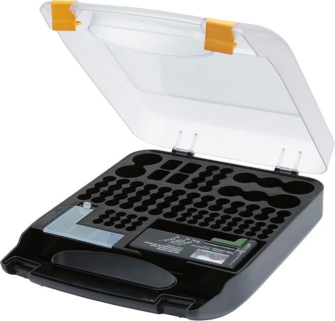 Amazon Basics Battery Organizer with Tester, Wall-Mounted Design, Handle Holds 110 Batteries,9.37 x 11.69 x 2.91 inches Clear/Black